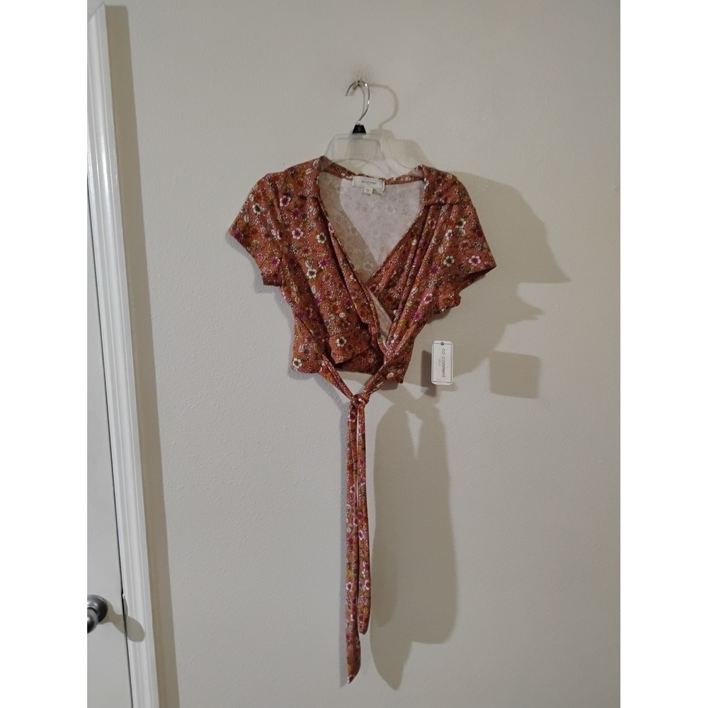 No Comment NY-LA Floral Wrap Crop Top Rust Orange Short Sleeve XL NWT